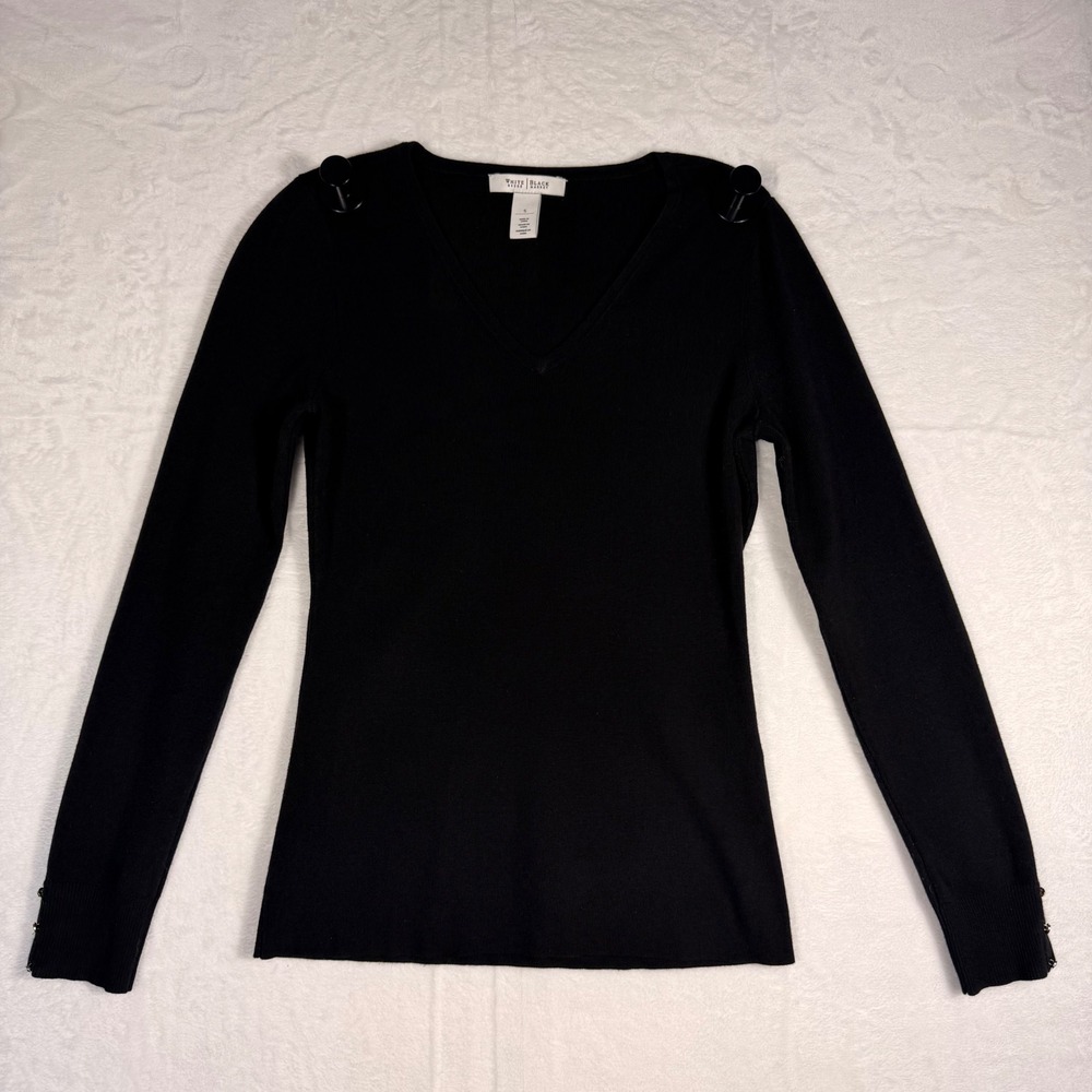 White House Black Market V-Neck Sweater Black Button Cuff Size S